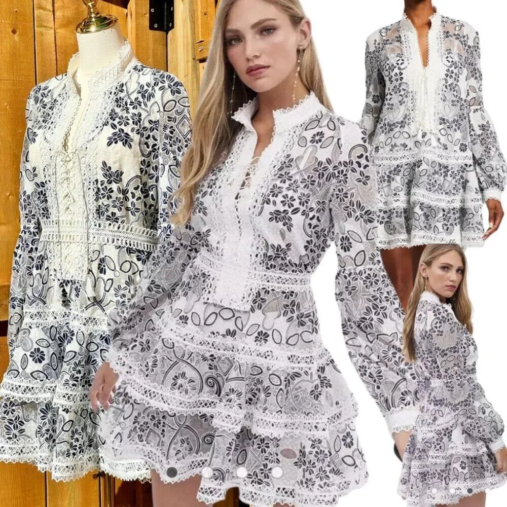 🆕 BRONX & BANCO 🧿 NWOT Santorini Long-Sleeve Tiered Floral Burnout Dress, Sz M
